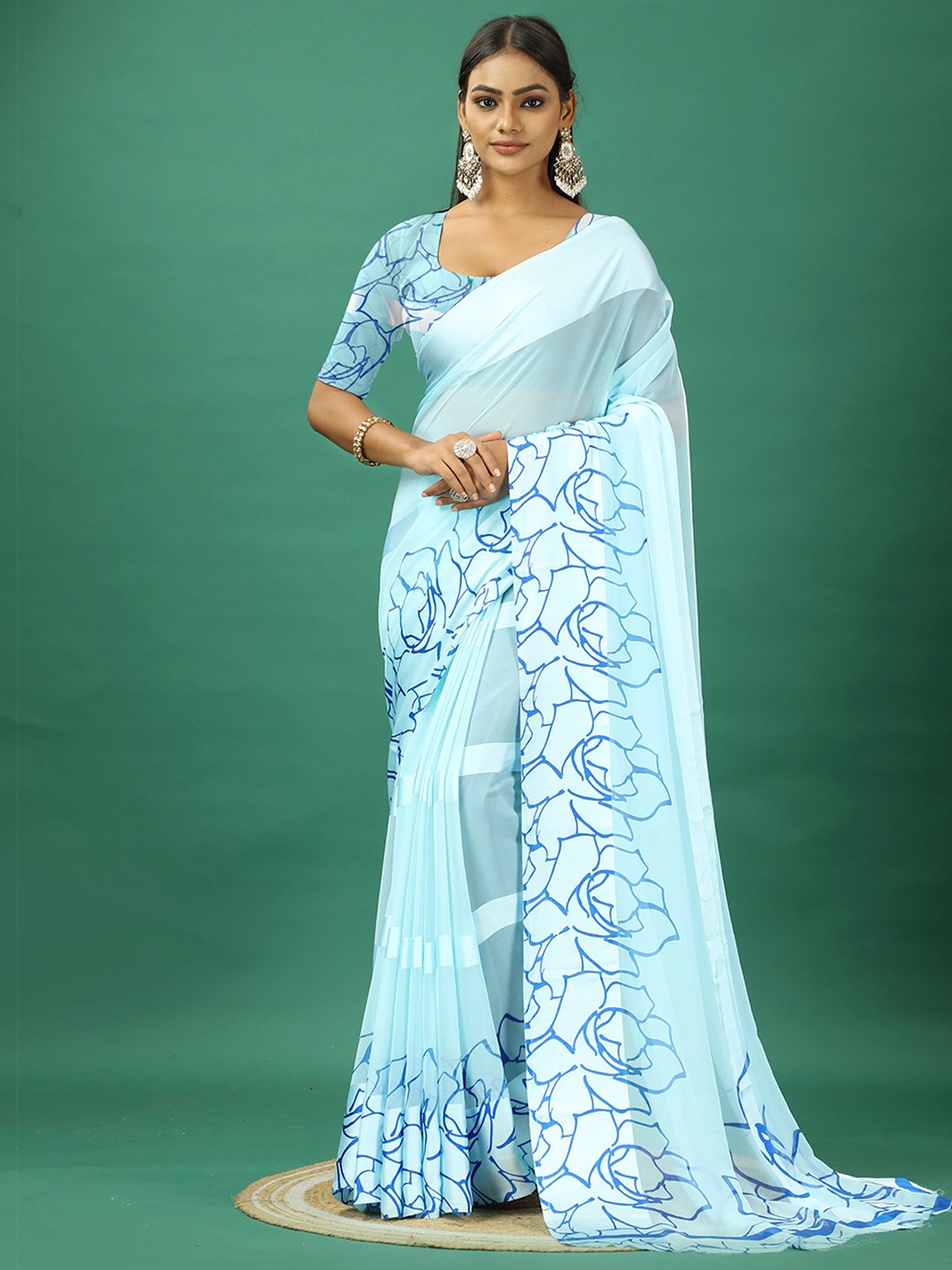 

VIRENDRA TEXTILES Printed Border Satin Saree, Blue