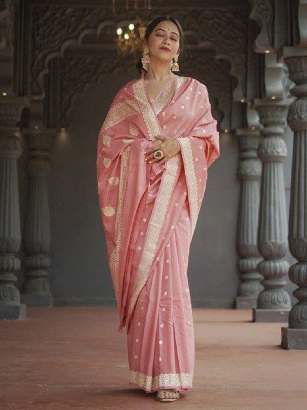 

HERE&NOW Ethnic Motifs Woven Design Zari Banarasi Saree, Peach