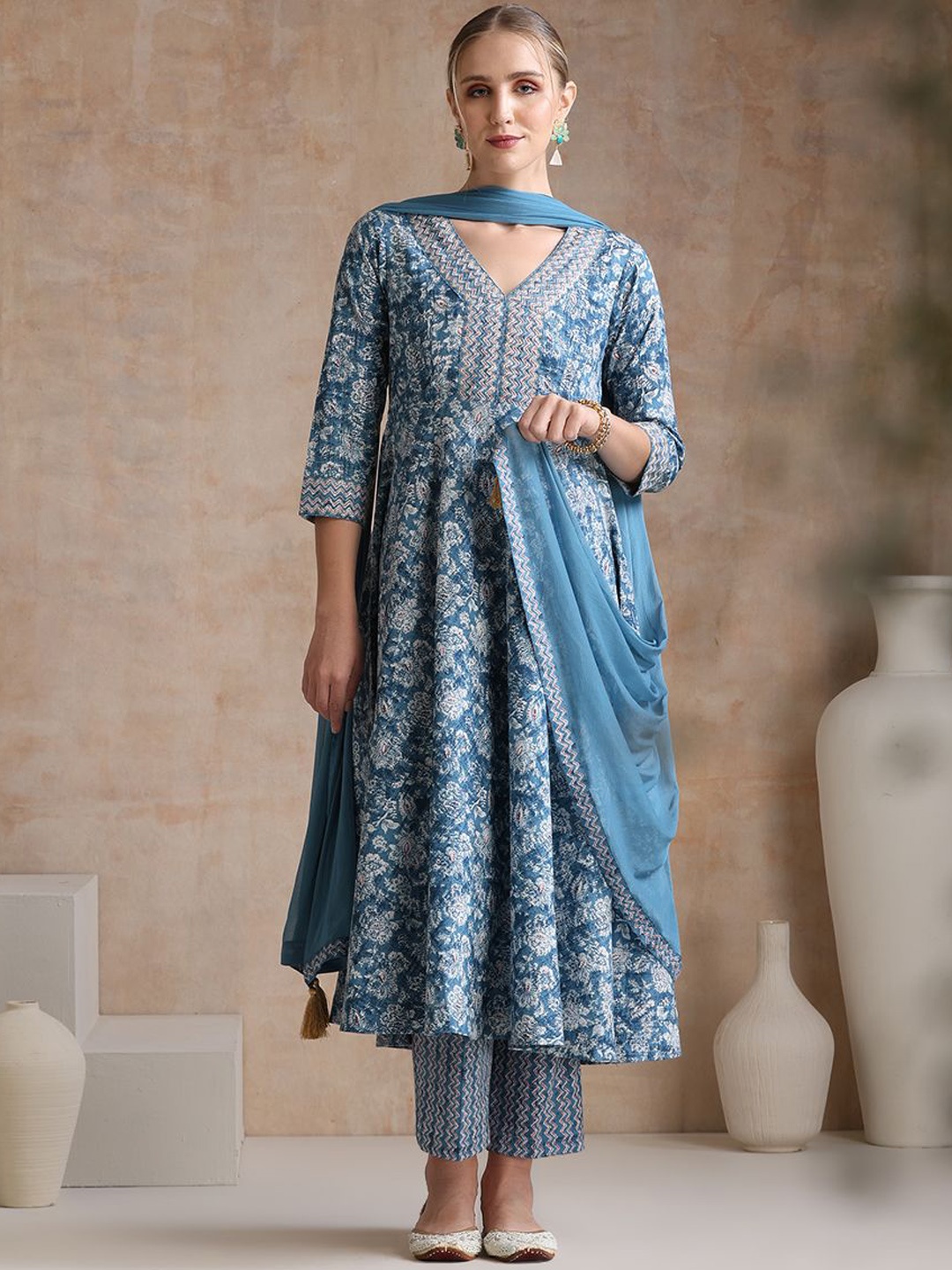 

Khushal K Ethnic Motifs Printed V-Neck Anarkali Pure Cotton Kurta With Trousers & Dupatta, Blue