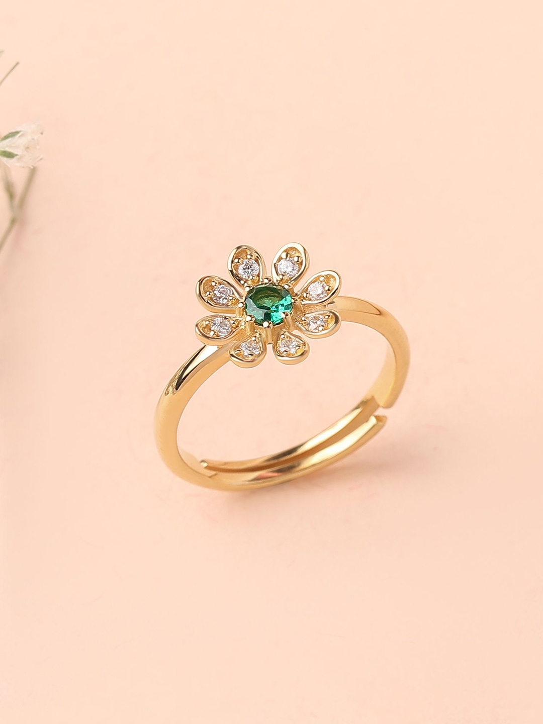 

Ornate Jewels 925 Silver 18K Gold Plated Green Emerald Flower Adjustable Ring