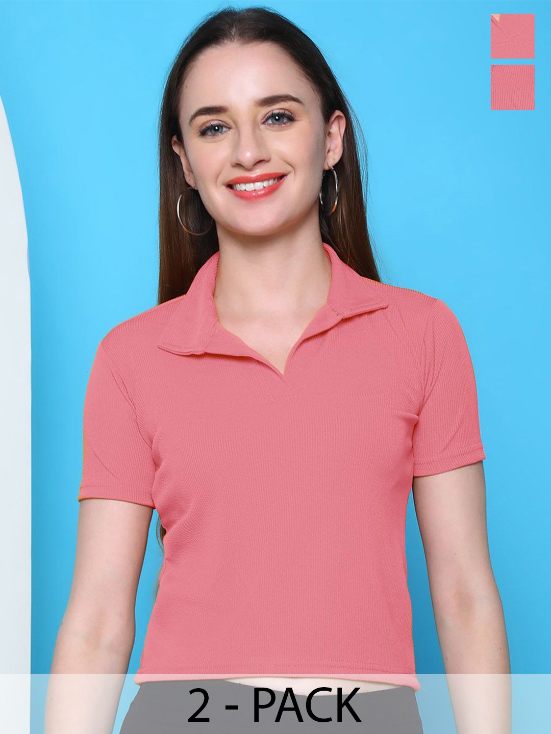 

Tromko Women Pack OF 2 Shirt Collar Ribbed Crop Top, Peach