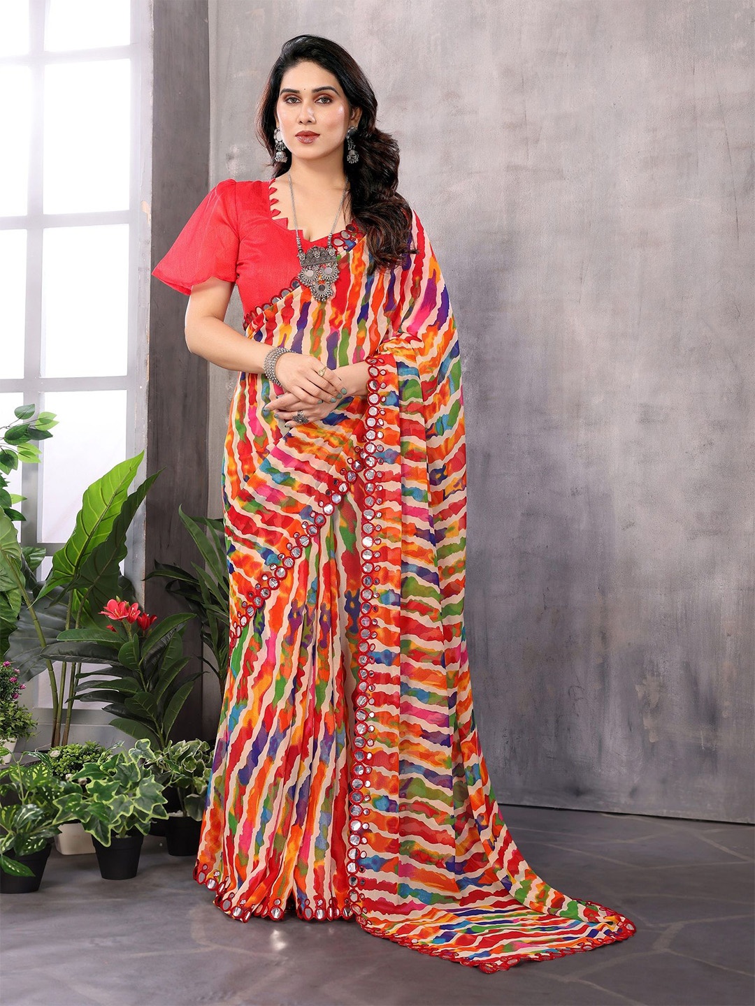 

ROOP SUNDARI SAREES Mirror Work Pure Georgette Saree, Red