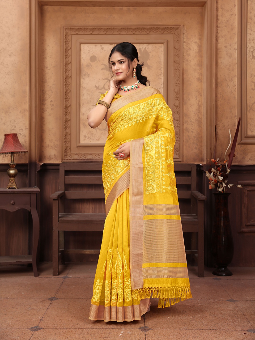 

VIRENDRA TEXTILES Ethnic Motifs Embroidered Zari Pure Cotton Saree, Yellow
