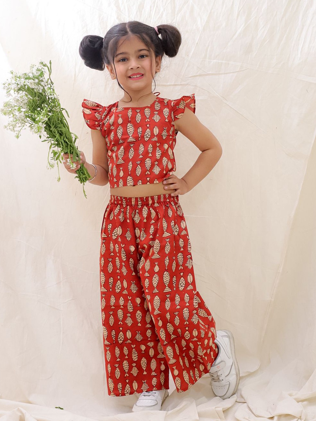 

BownBee Girls Printed Round Neck Pure Cotton Wop with Palazzos, Maroon