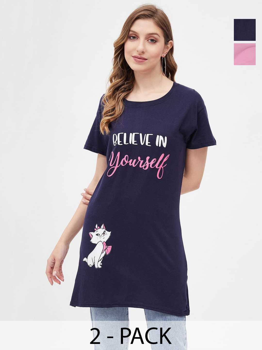 

Dreambe Women 2 Printed Extended Sleeves Applique T-shirt, Multi