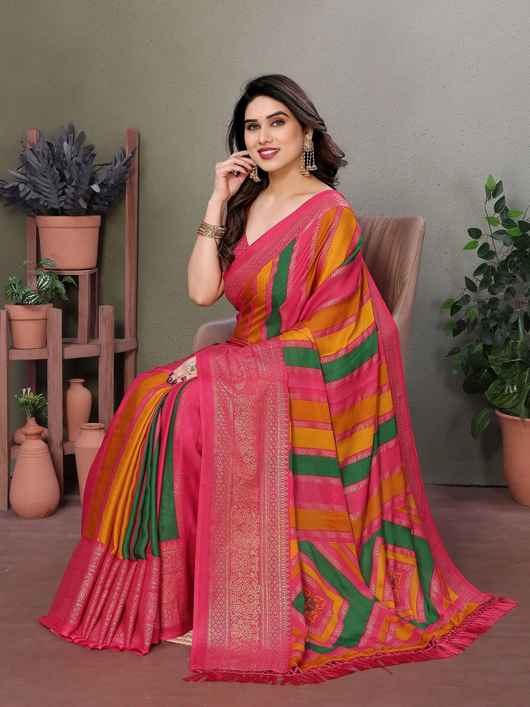 

ROOP SUNDARI SAREES Striped Pure Silk Saree, Pink