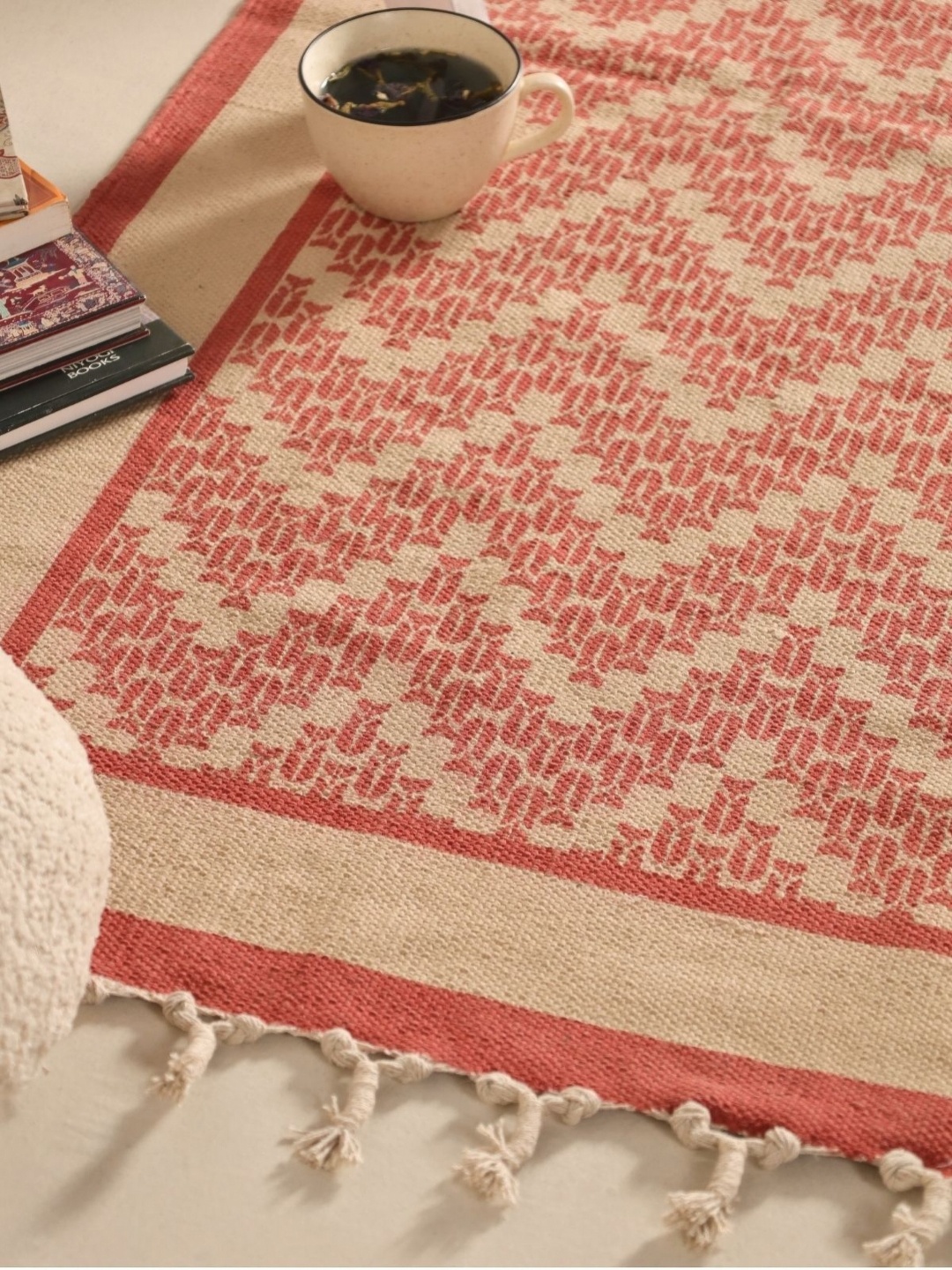 

Peepul Tree Cream-Coloured Geometric Handmade Cotton Carpet