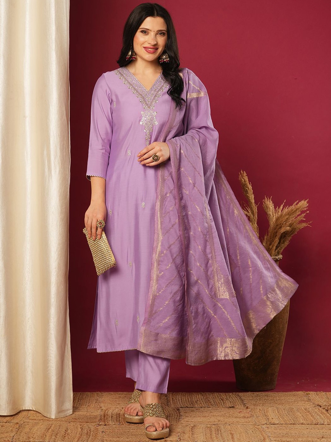 

Anni Designer Floral Embroidered Zari Work V-Neck Straight Kurta With Trousers & Dupatta, Purple