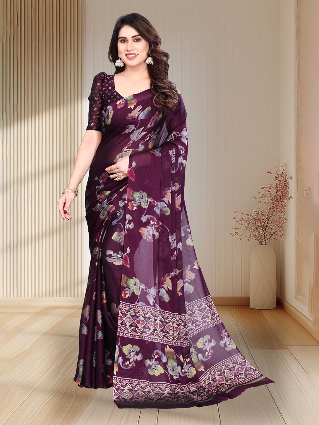 

MAGNEITTA Printed Pure Chiffon Saree, Magenta