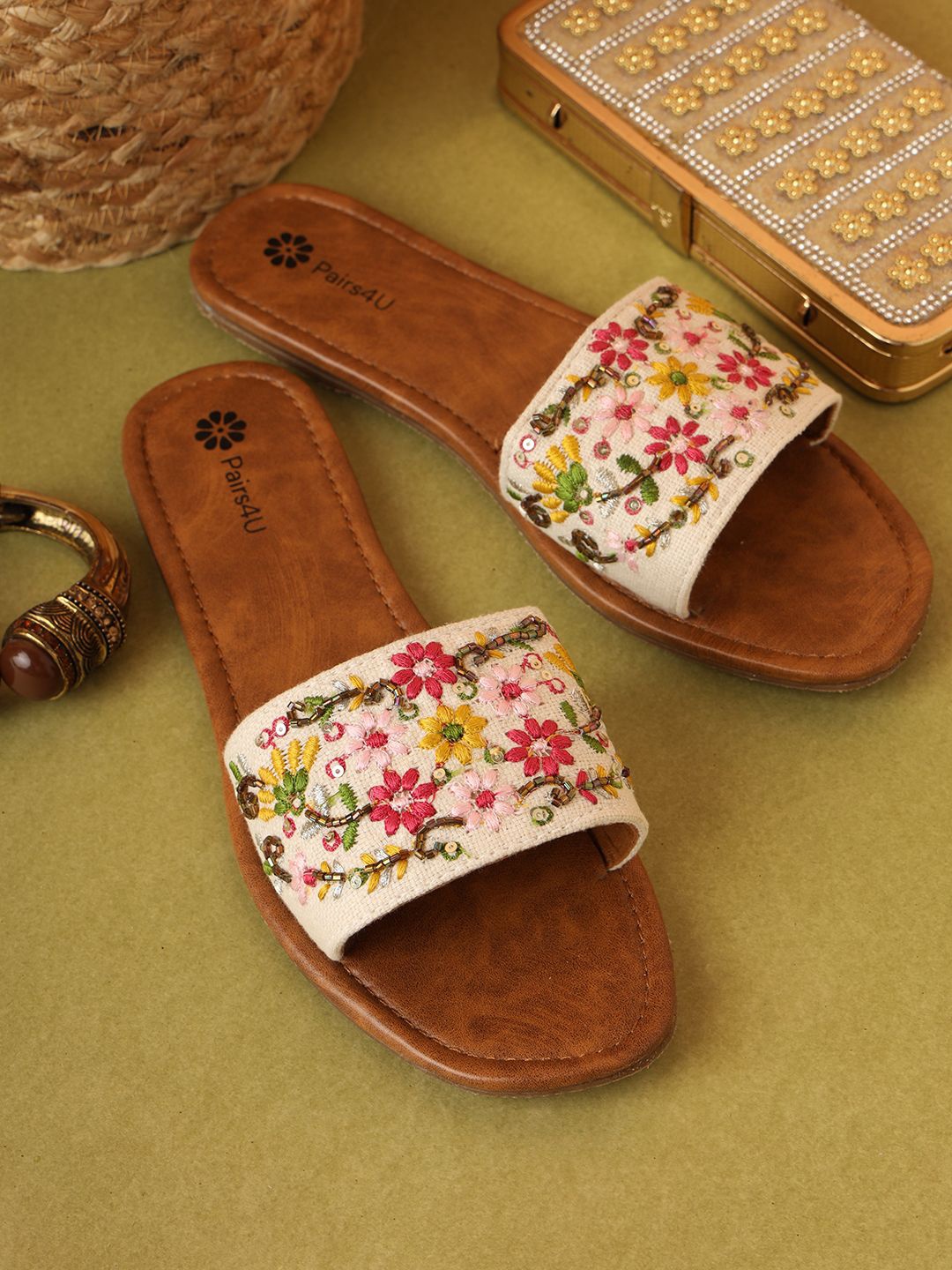 

Pairs4U Women Fabric Embellished Ethnic Open Toe Flats, White