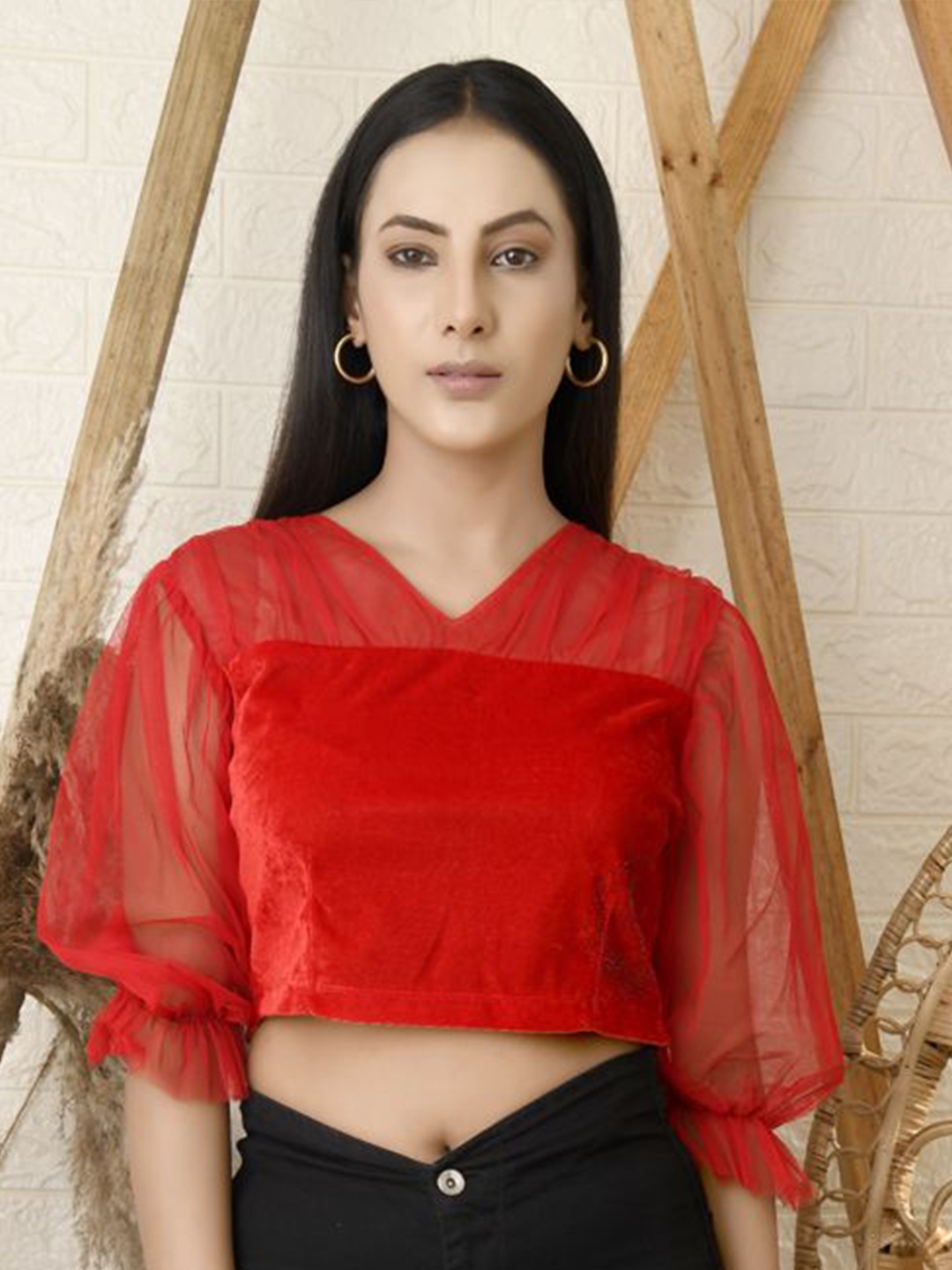 

RANJ Women V Neck velevt Top with Net Sleeves, Red
