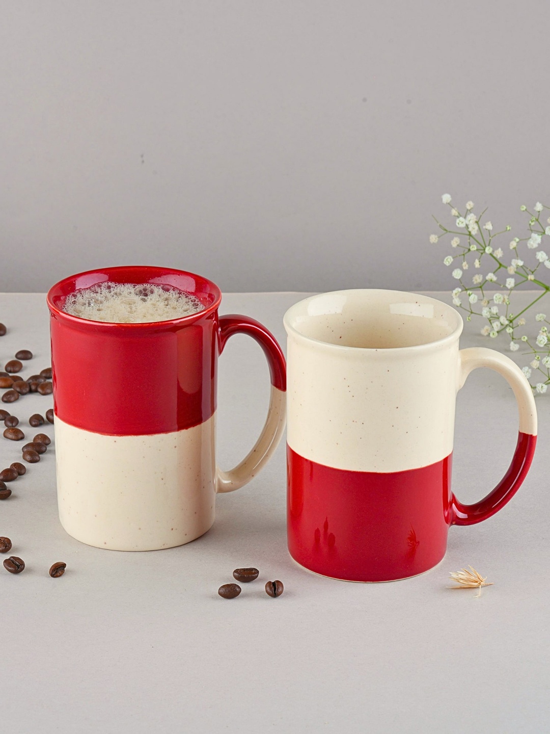 

BlackCarrot Red & White 2 Pieces Printed Glossy Ceramic Tall Mugs
