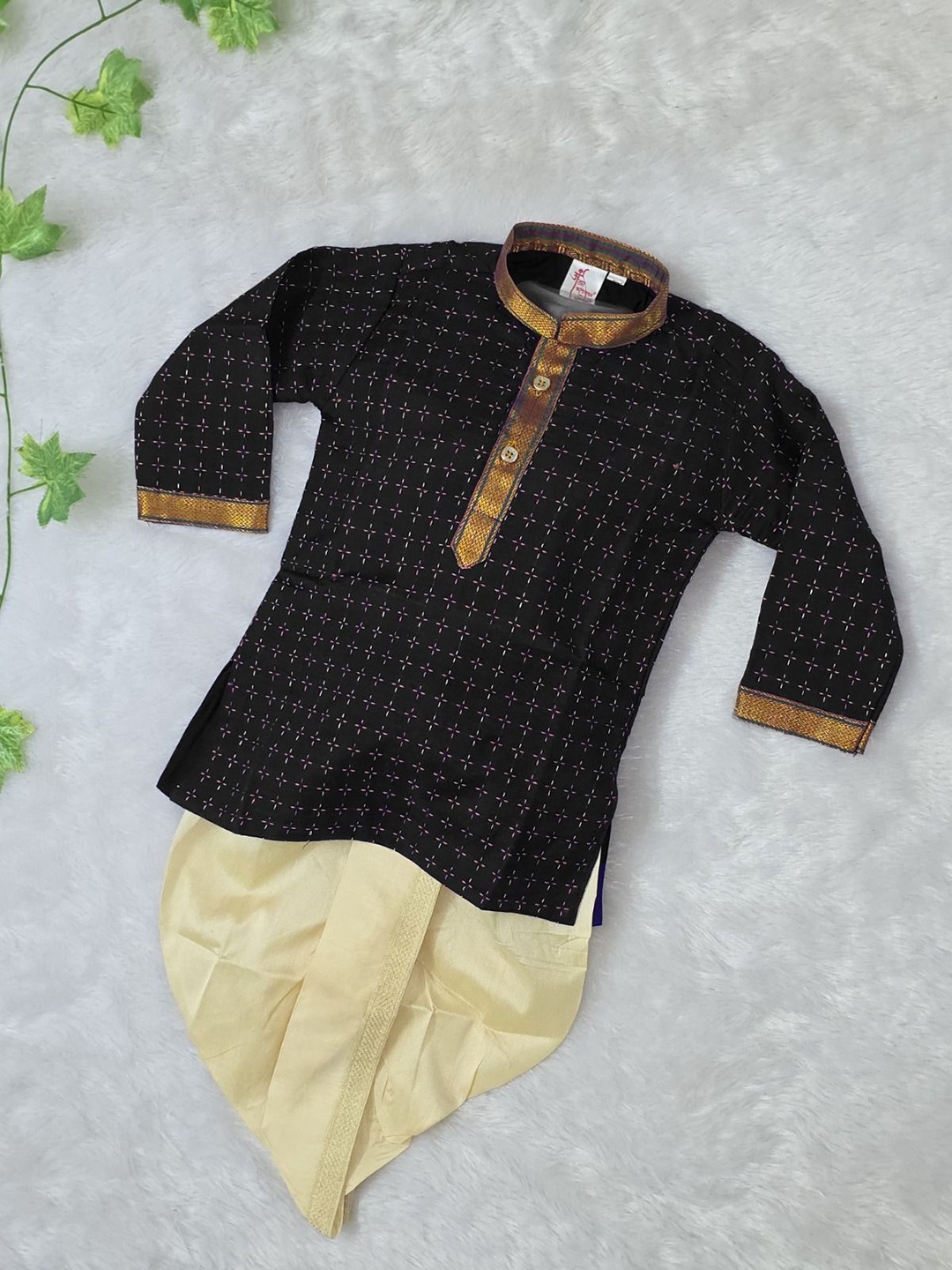 

BAESD Boys Geometric Printed Mandarin Collar Pure Cotton Kurta With Dhoti Pants, Black
