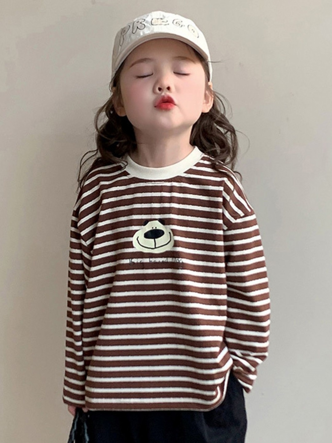 

LULU & SKY Girls Striped Monochrome Applique T-shirt, Brown