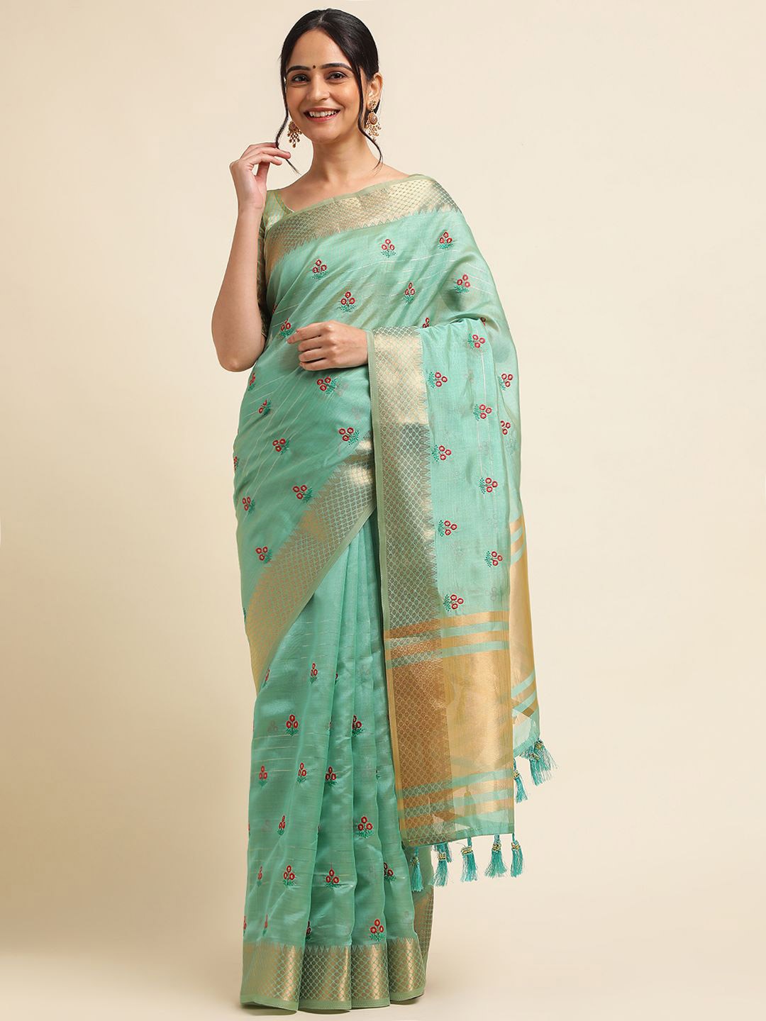 

VIRENDRA TEXTILES Floral Embroidered Woven Design Pure Cotton Saree, Turquoise blue