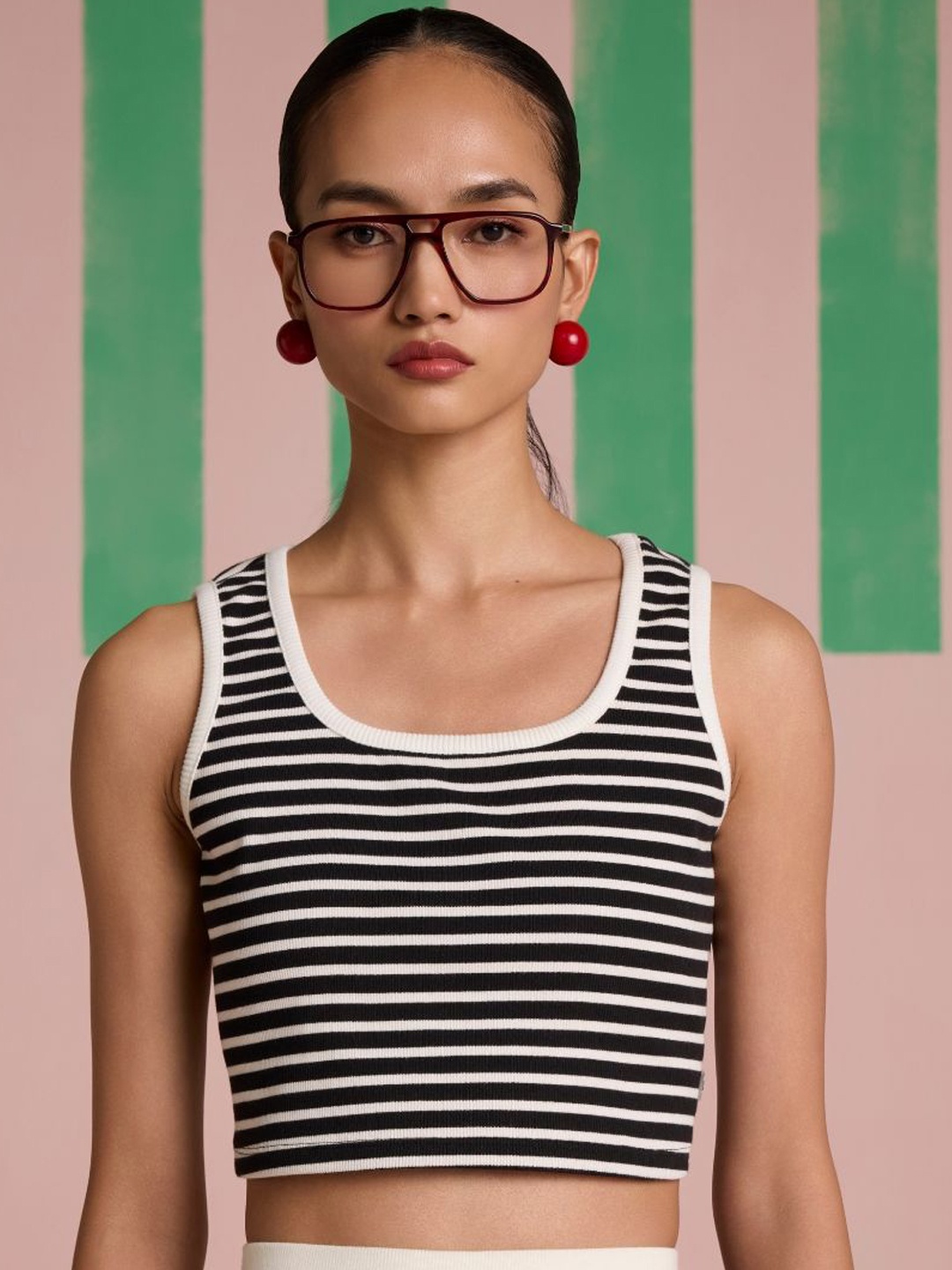 

Muvazo Monotone Muse Striped Round Neck Pure Cotton Crop Top With Skirt, Black