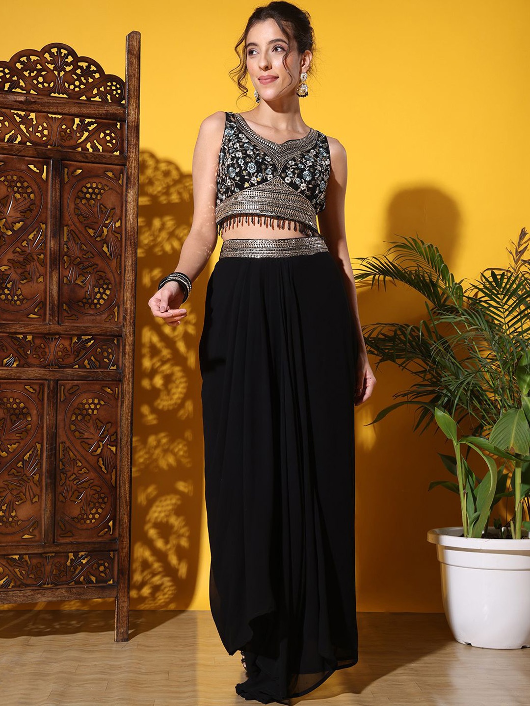 

Chhabra 555 Embroidered Sleeveless Top & Skirt With Shrug, Black