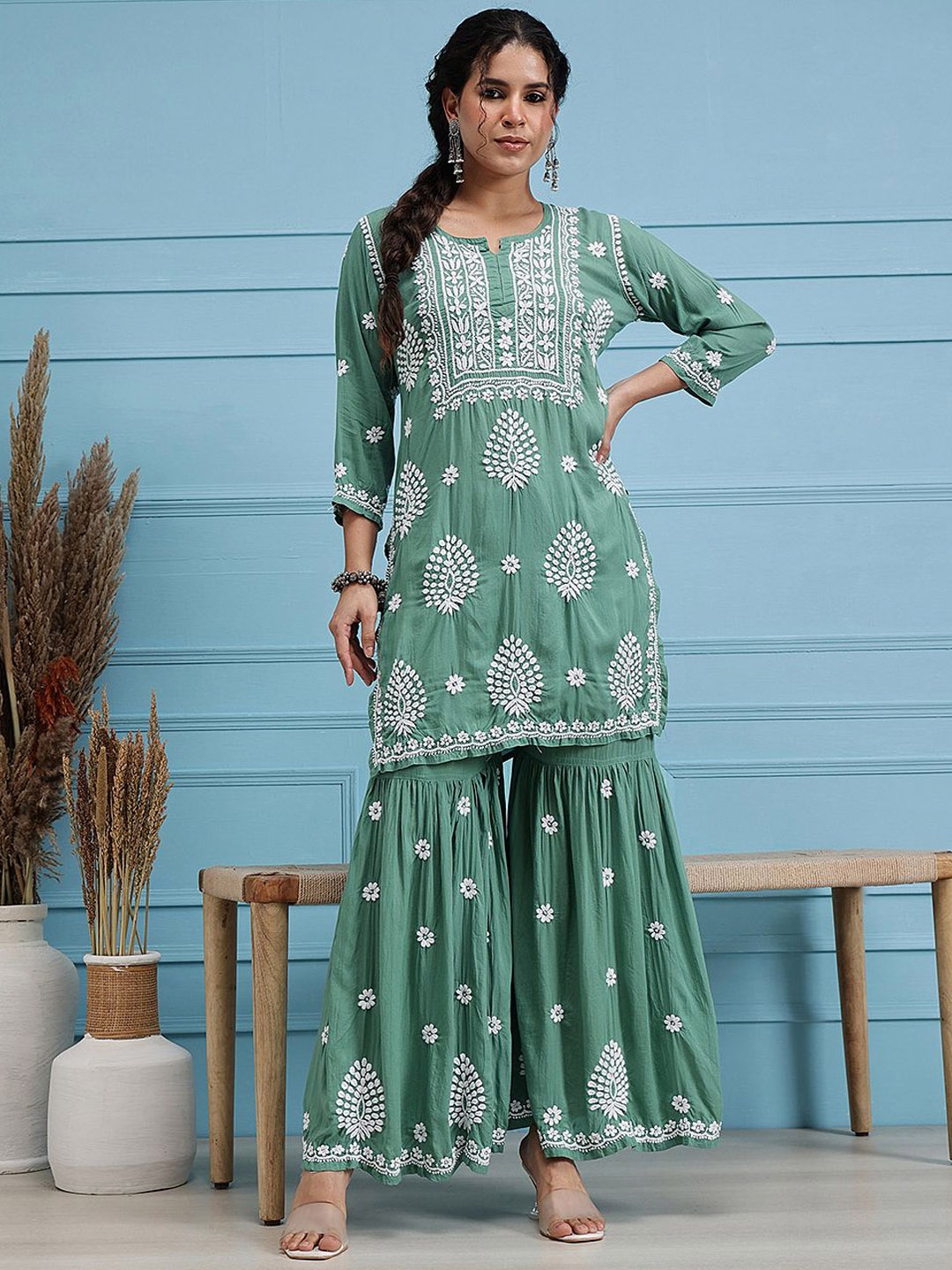 

ADA Ethnic Motifs Embroidered Lucknowi Chikankari Straight Kurti With Sharara, Green