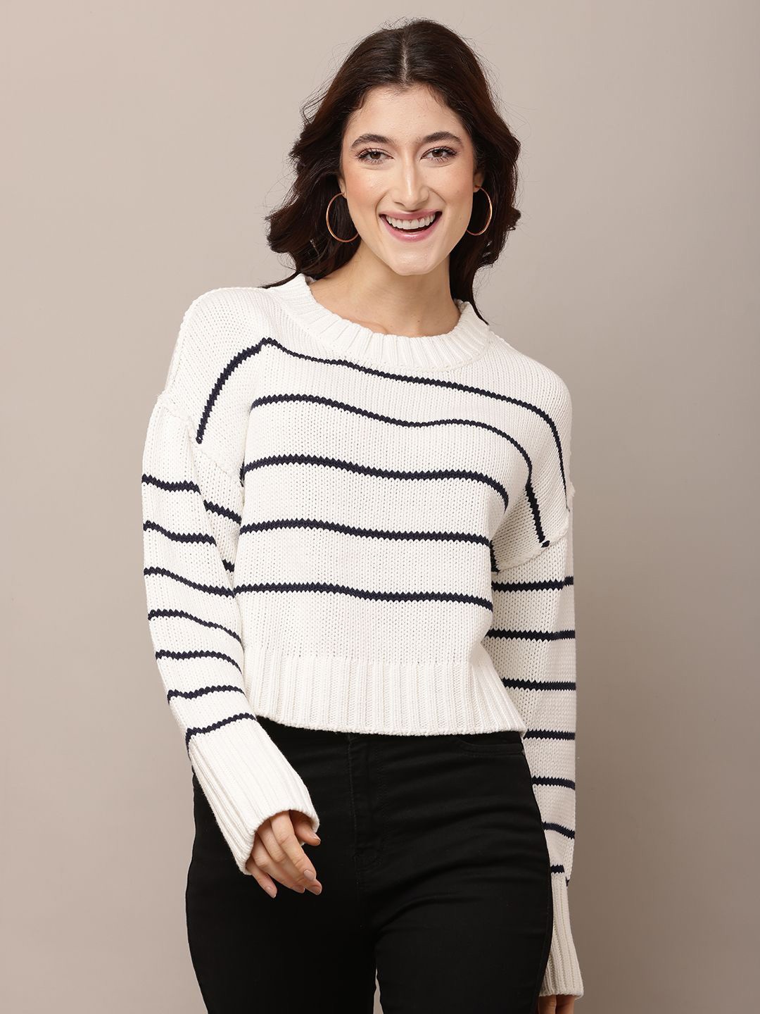 

NoBarr Women Striped Pullover Sweater, White