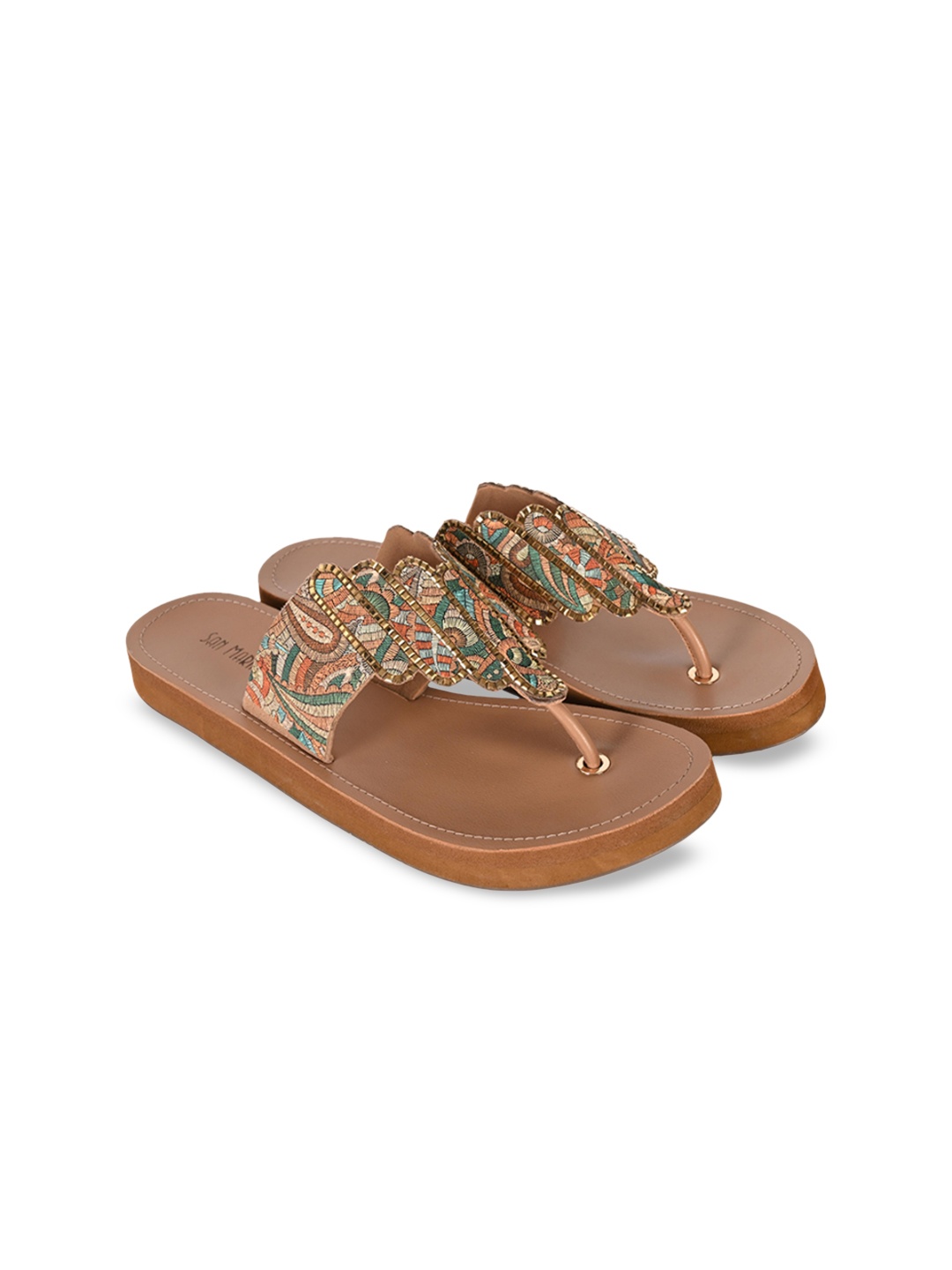 

San Marino by Shoe Bank Women Embellished Open Toe Flats, Brown