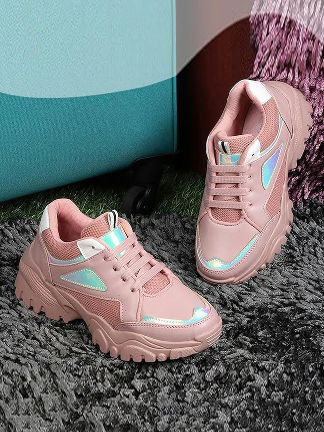 

FABBMATE Girls Colourblocked Lace-Ups Sneakers, Pink