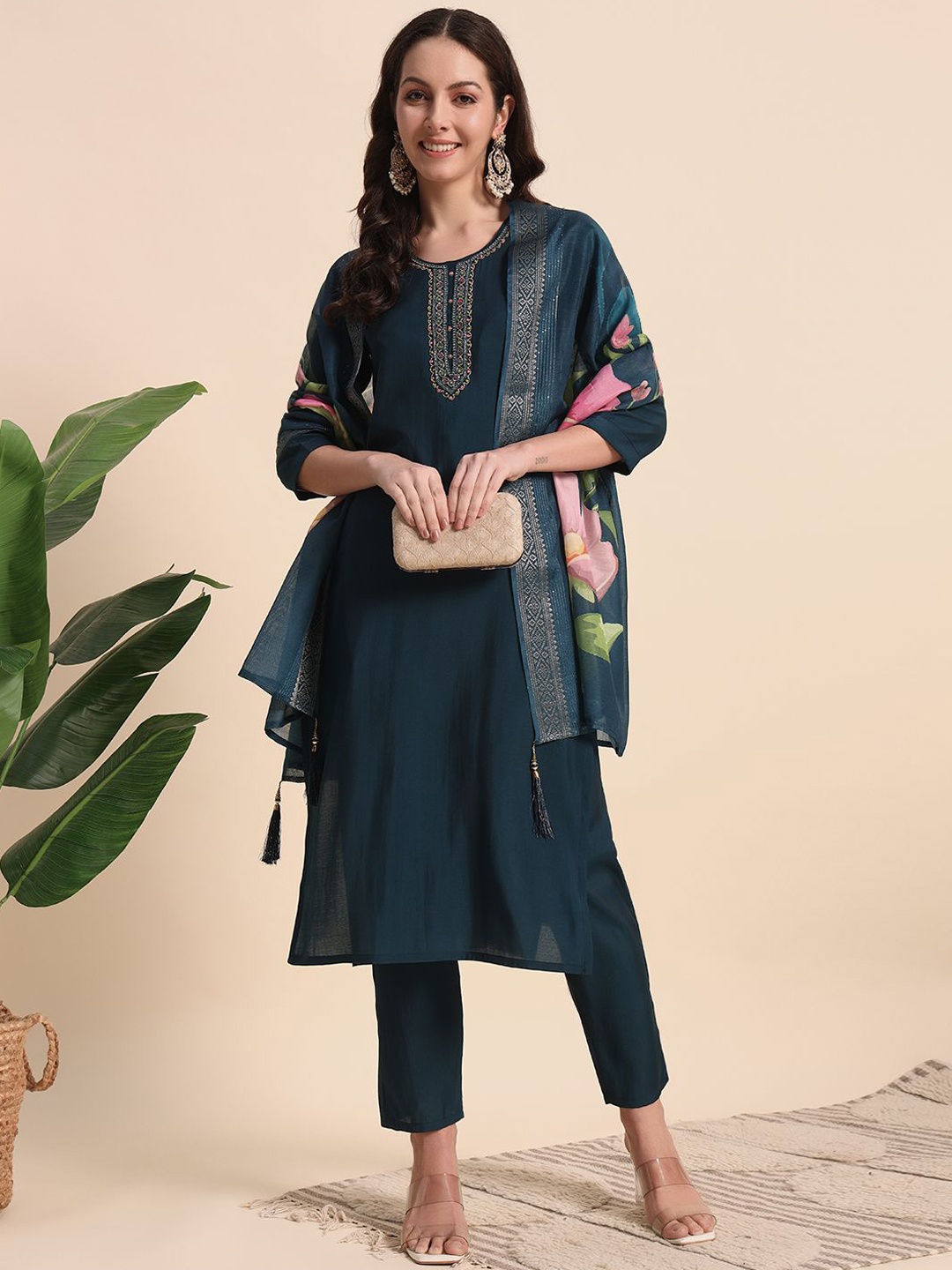 

NE STYLE Floral Yoke Design Aari Work Pure Silk Straight Kurta With Trousers & Dupatta, Teal