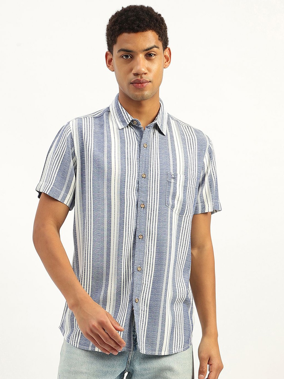 

United Colors of Benetton Men Opaque Striped Casual Shirt, Blue
