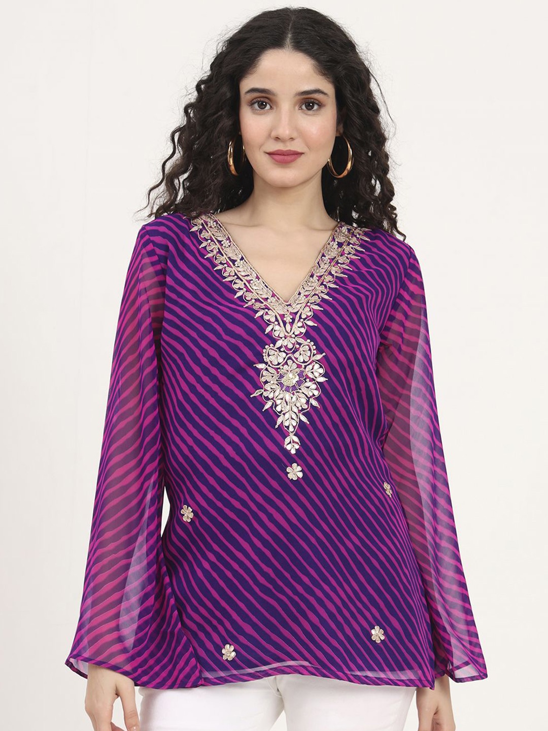 

Divena Print Bell Sleeve Cotton Georgette Top, Purple
