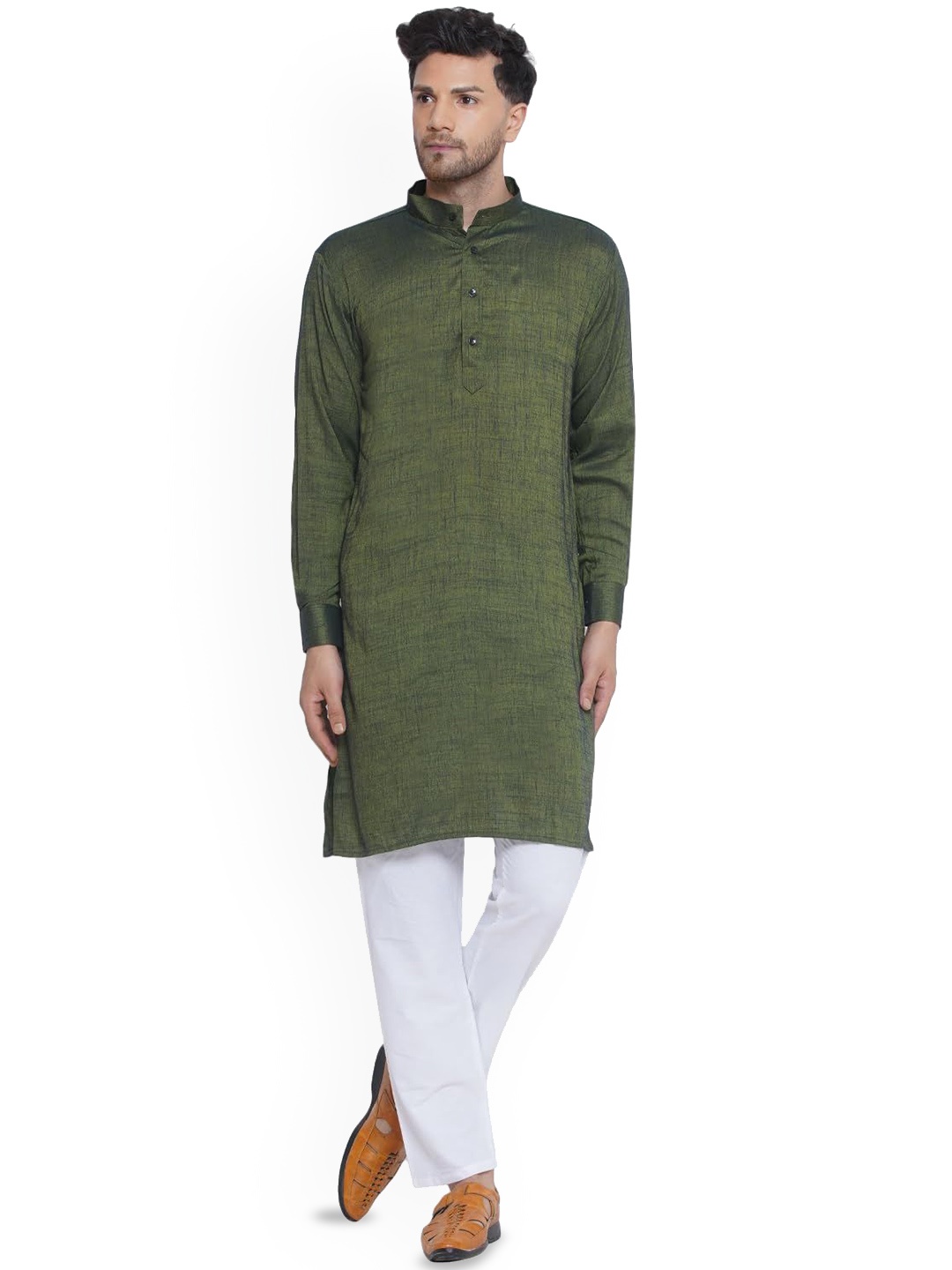 

VEERA PARIDHAAN Mandarin Collar Long Roll-Up Sleeves Straight Kurta, Olive