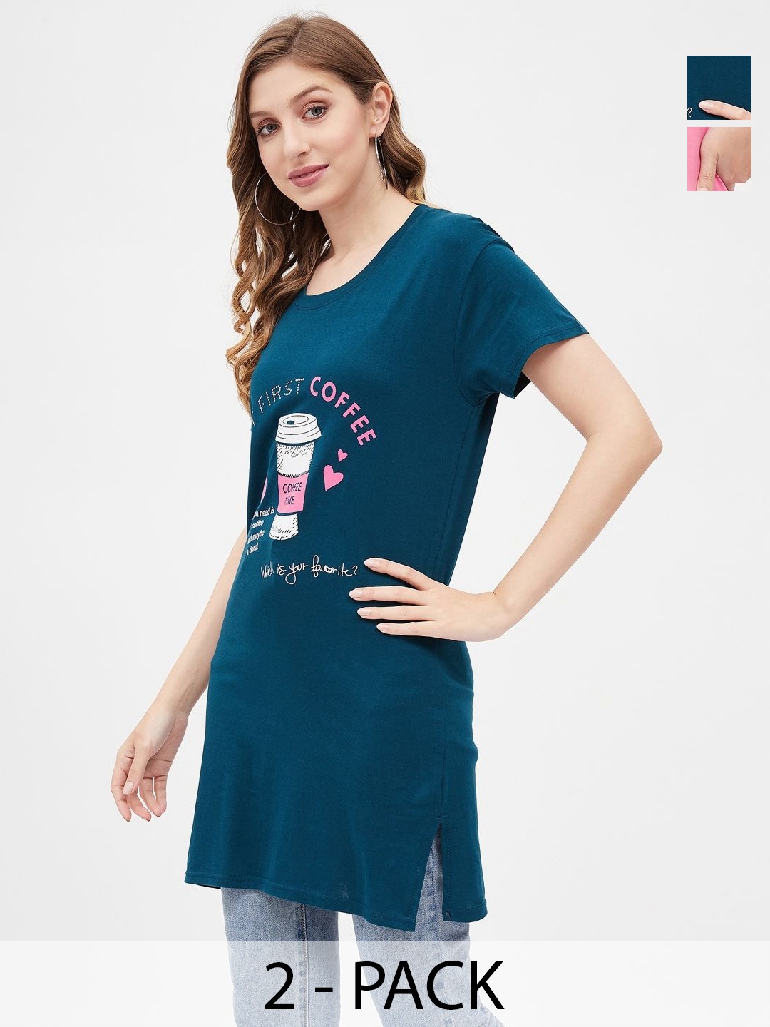 

Dreambe Women 2 Printed Extended Sleeves Applique T-shirt, Multi