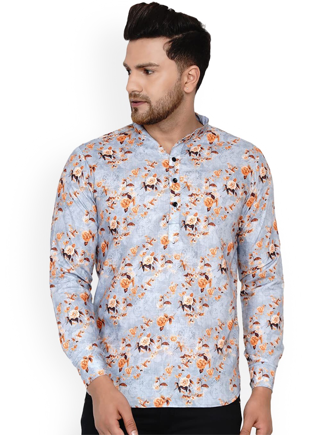 

VEERA PARIDHAAN Floral Printed Band Collar Long Roll-Up Sleeves Straight Kurta, Grey