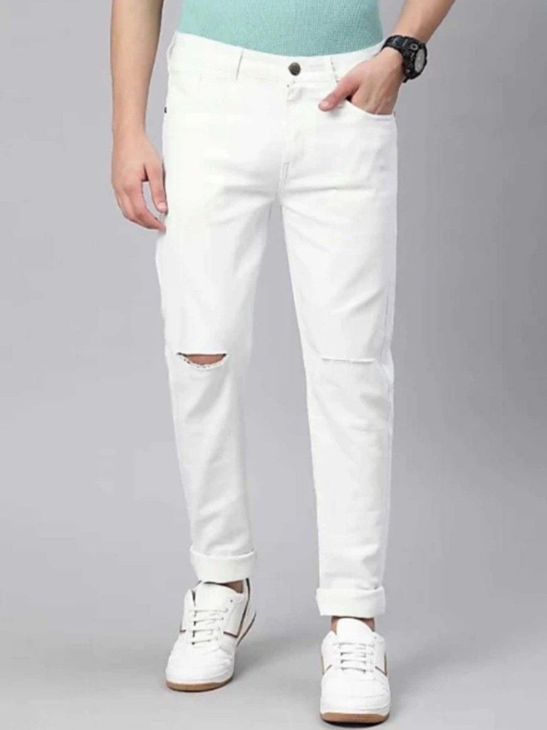 

LINARIA Men Classic Slim Fit Slash Knee Jeans, White