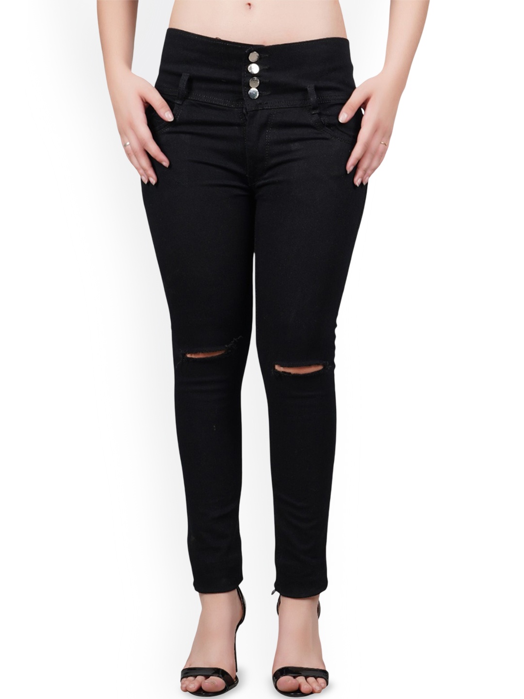 

LINARIA Women Classic Slim Fit Mildly Distressed Jeans, Black