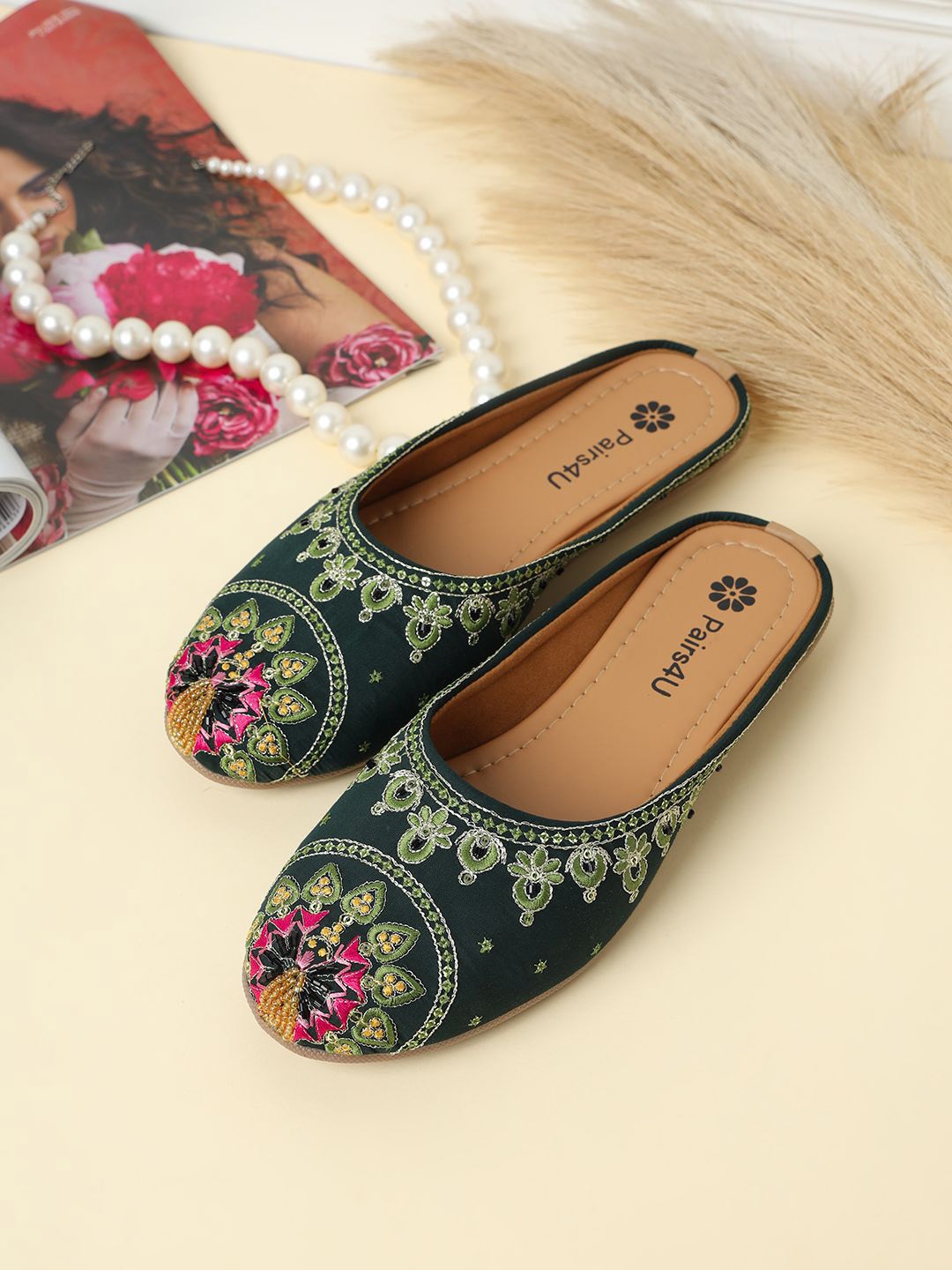 

Pairs4U Women Embellished Ethnic Embroidered Mojaris Flats, Green