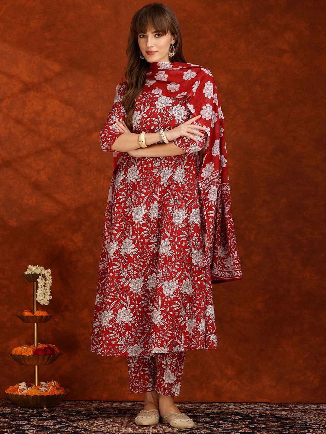 

KALINI Floral Printed Pure Cotton Anarkali Kurta With Trousers & Dupatta, Maroon