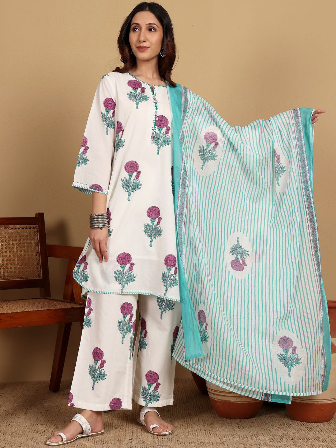 

Chowkhat Floral Printed Thread Work Pure Cotton Straight Kurta With Palazzos & Dupatta, White