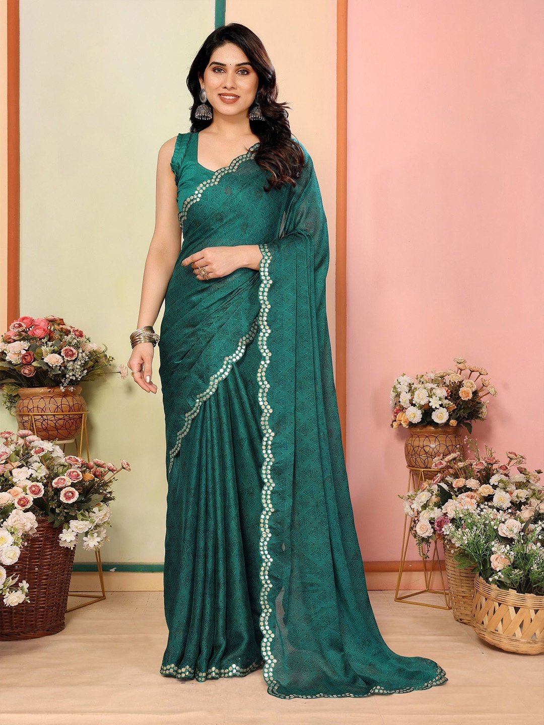 

Roop Sundari Ethnic Motifs Printed Mirror Work Saree, Teal