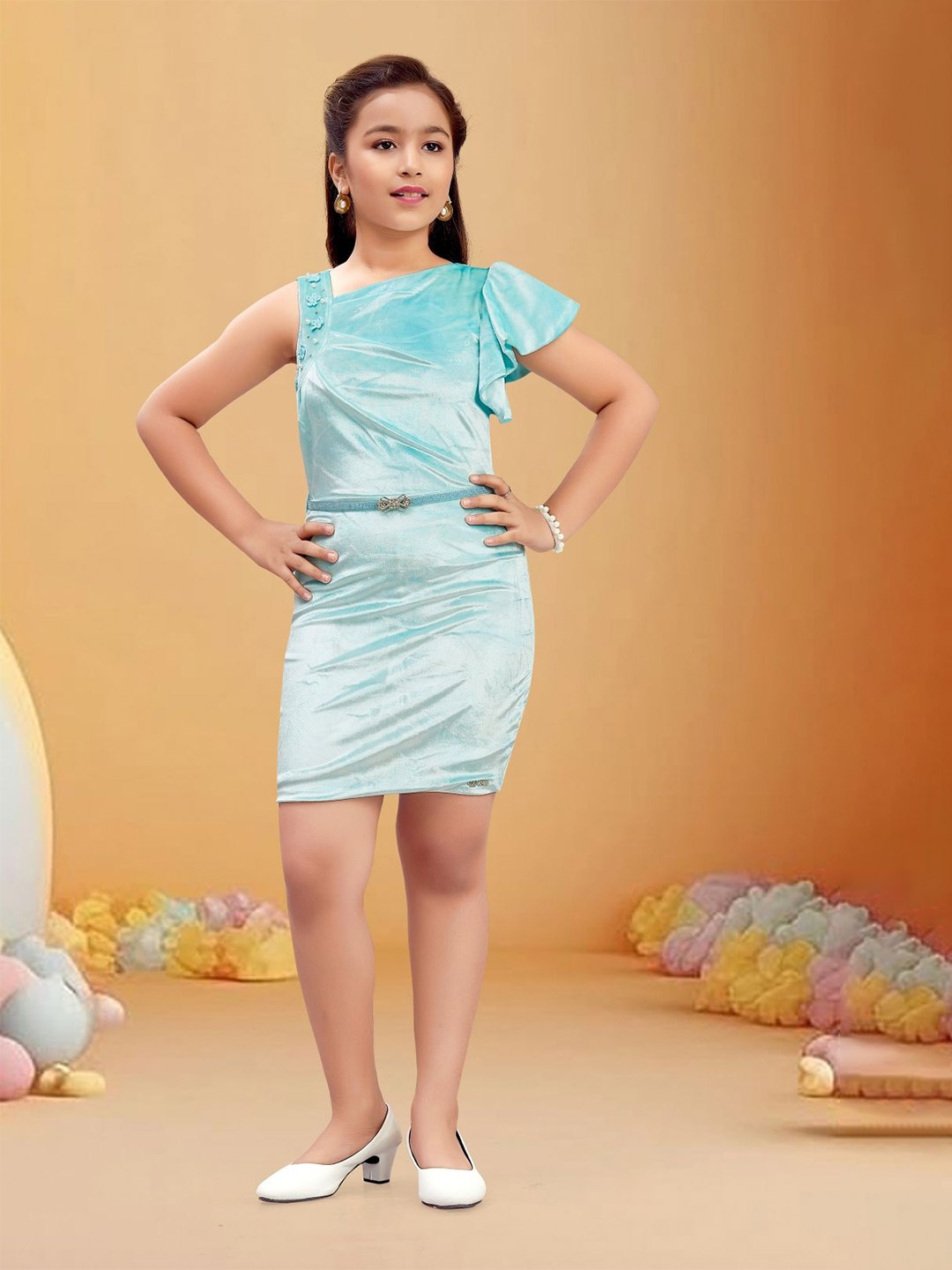 

Lei-Chie Girls Asymmetric Neck Flutter Sleeve Sheath Dress Comes with a belt, Blue