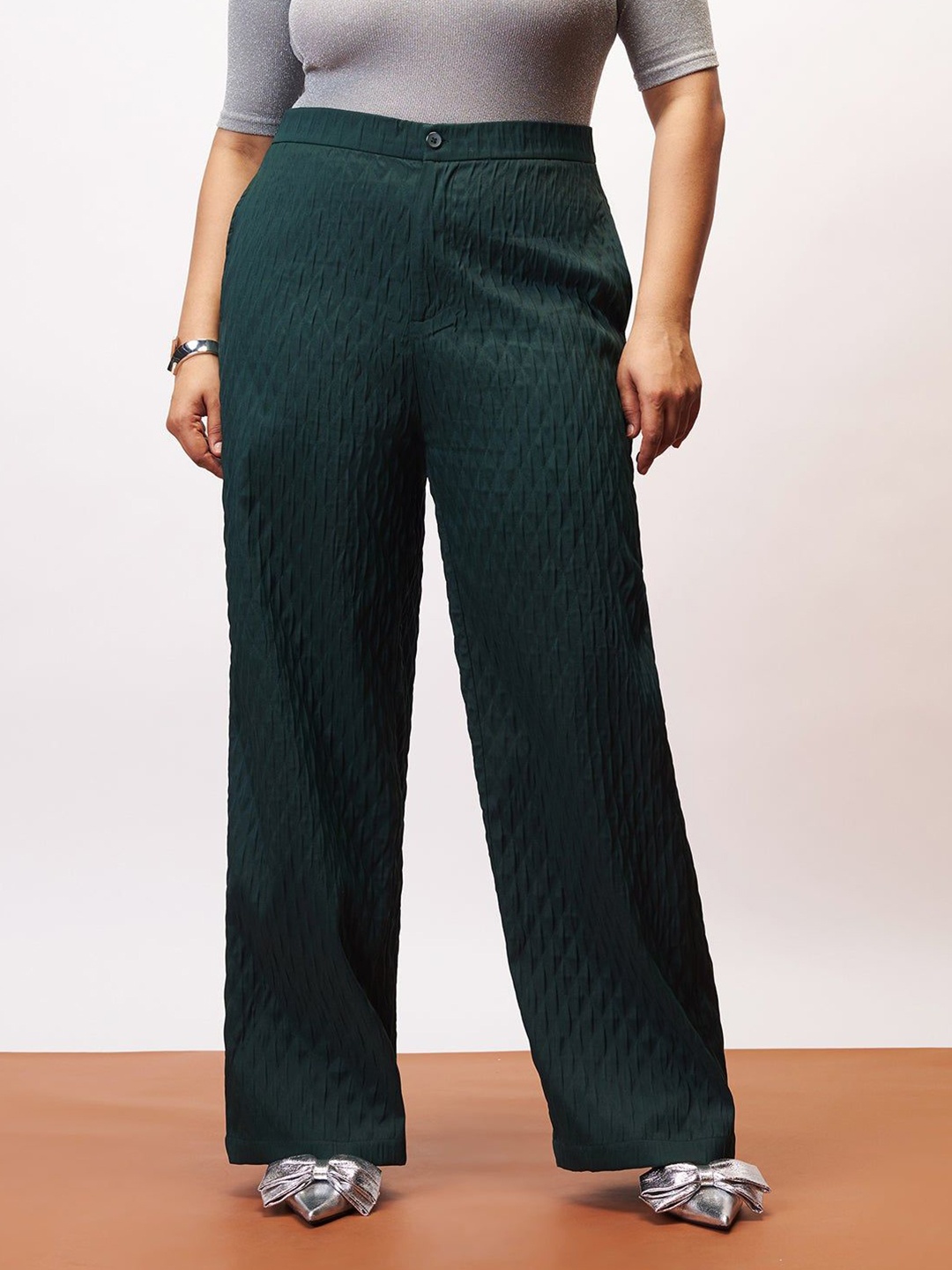 

FREAKINS Women Emerald Curve Textured Korean Pants Trousers, Green