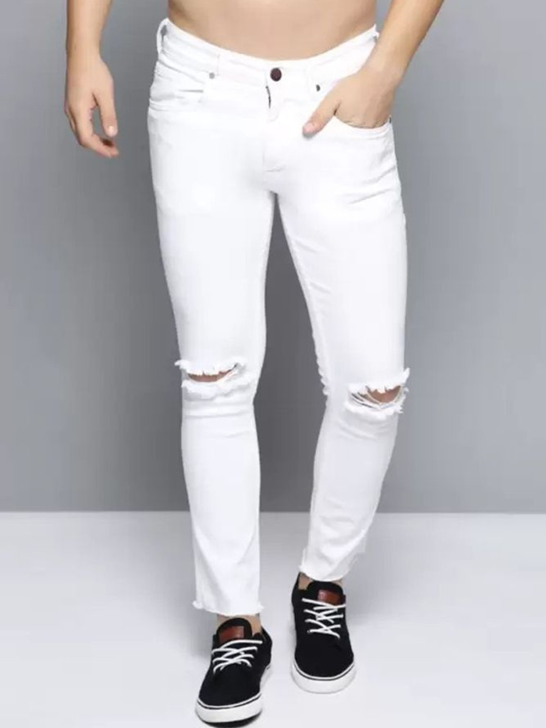 

LINARIA Men Classic Slim Fit Low-Rise Slash Knee Jeans, White