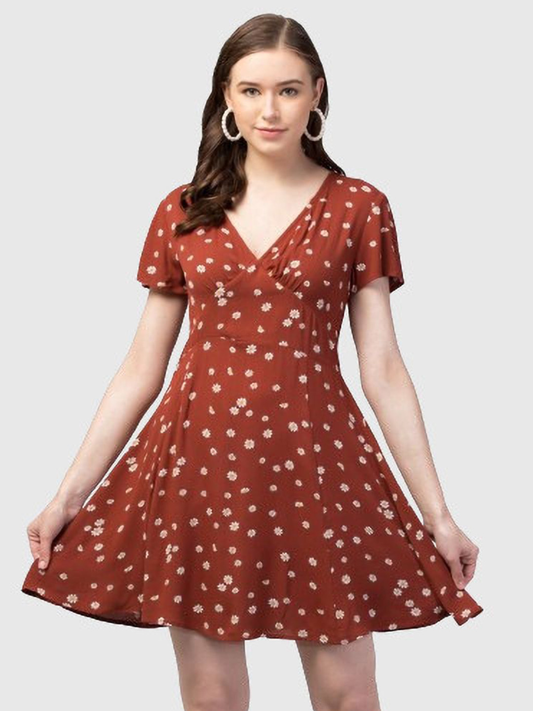 

TRAZO Floral Print Flared Sleeve Fit & Flare Dress, Brown