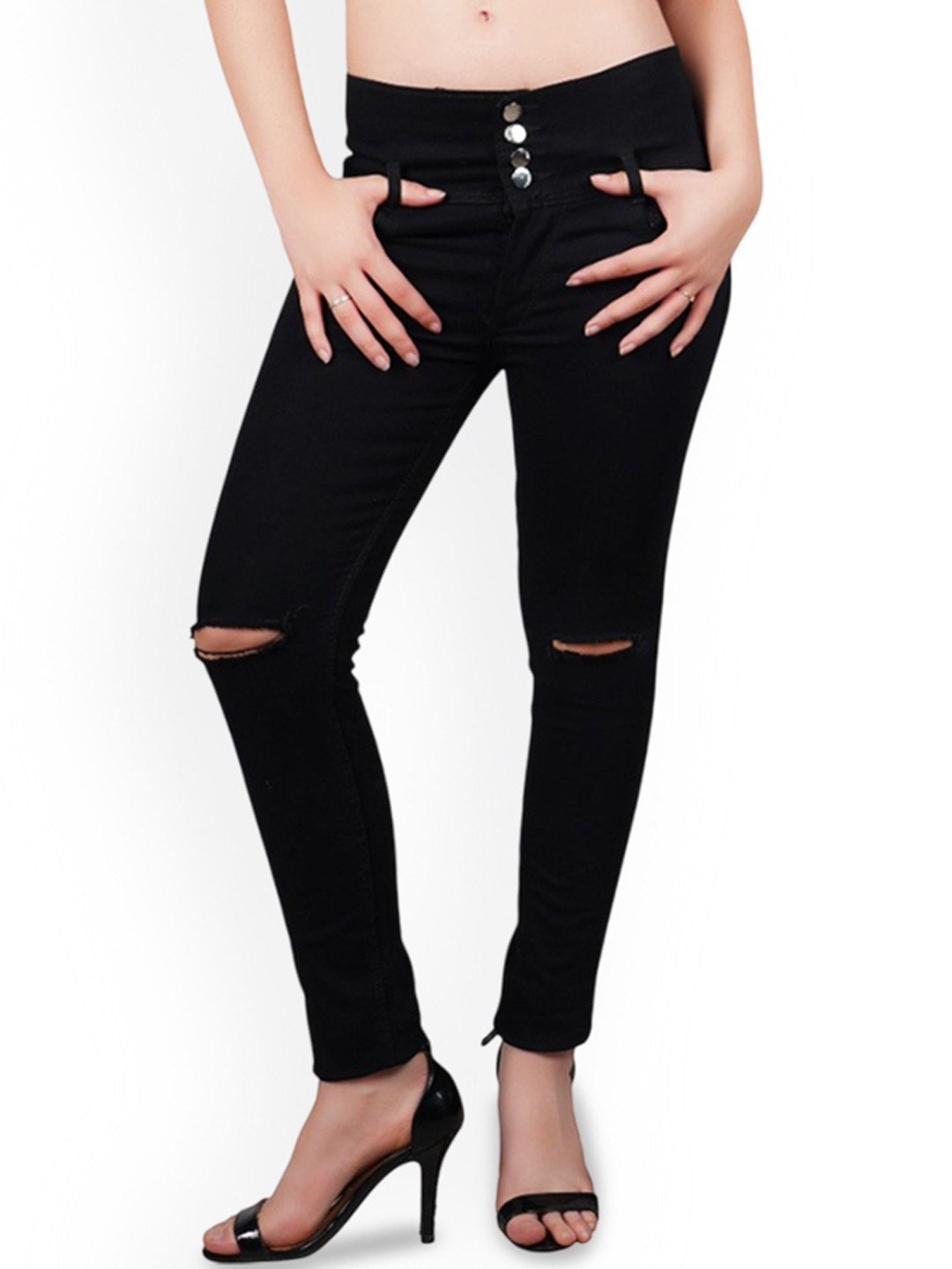 

LINARIA Women Classic Mid-Rise Slim Fit Slash Knee Jeans, Black