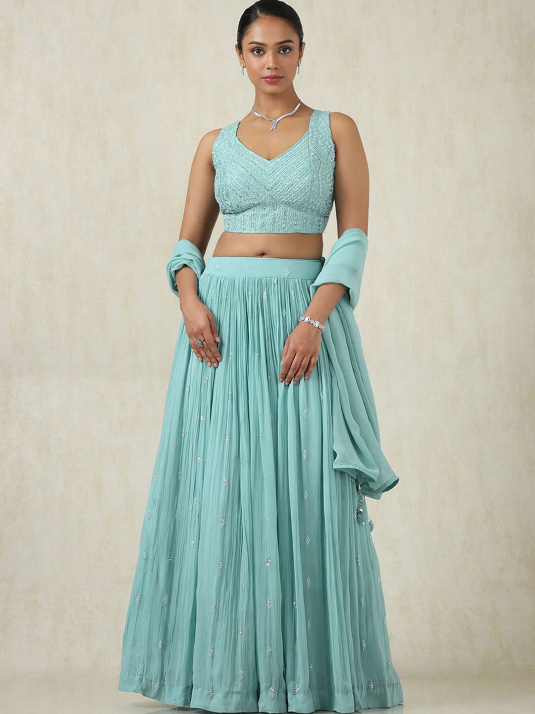 

Soch Floral Embellished Mirror Work Ready to Wear Cotton Lehenga With Blouse & Dupatta, Blue