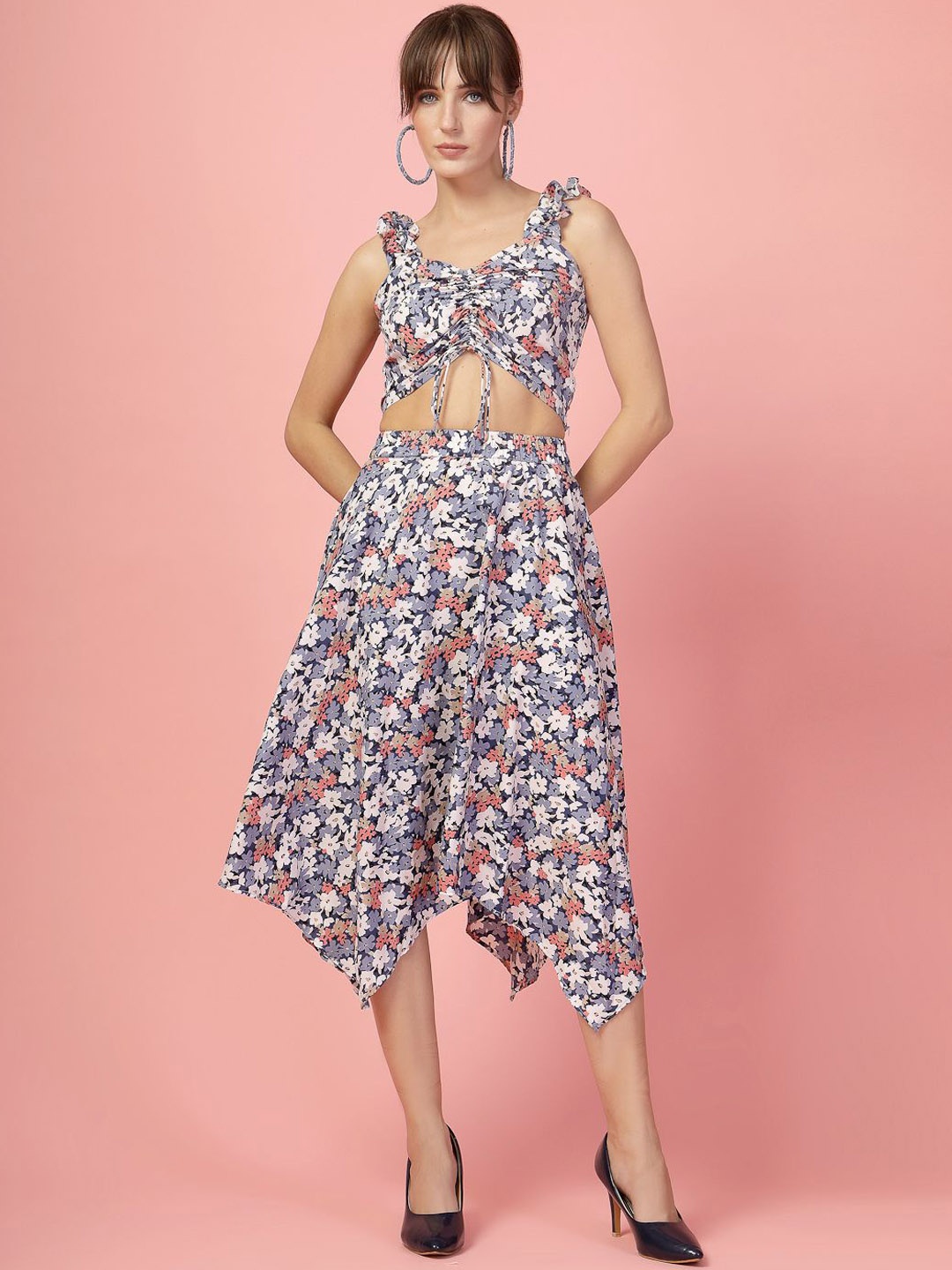

DressBerry Printed V-Neck Top With Skirt, Blue