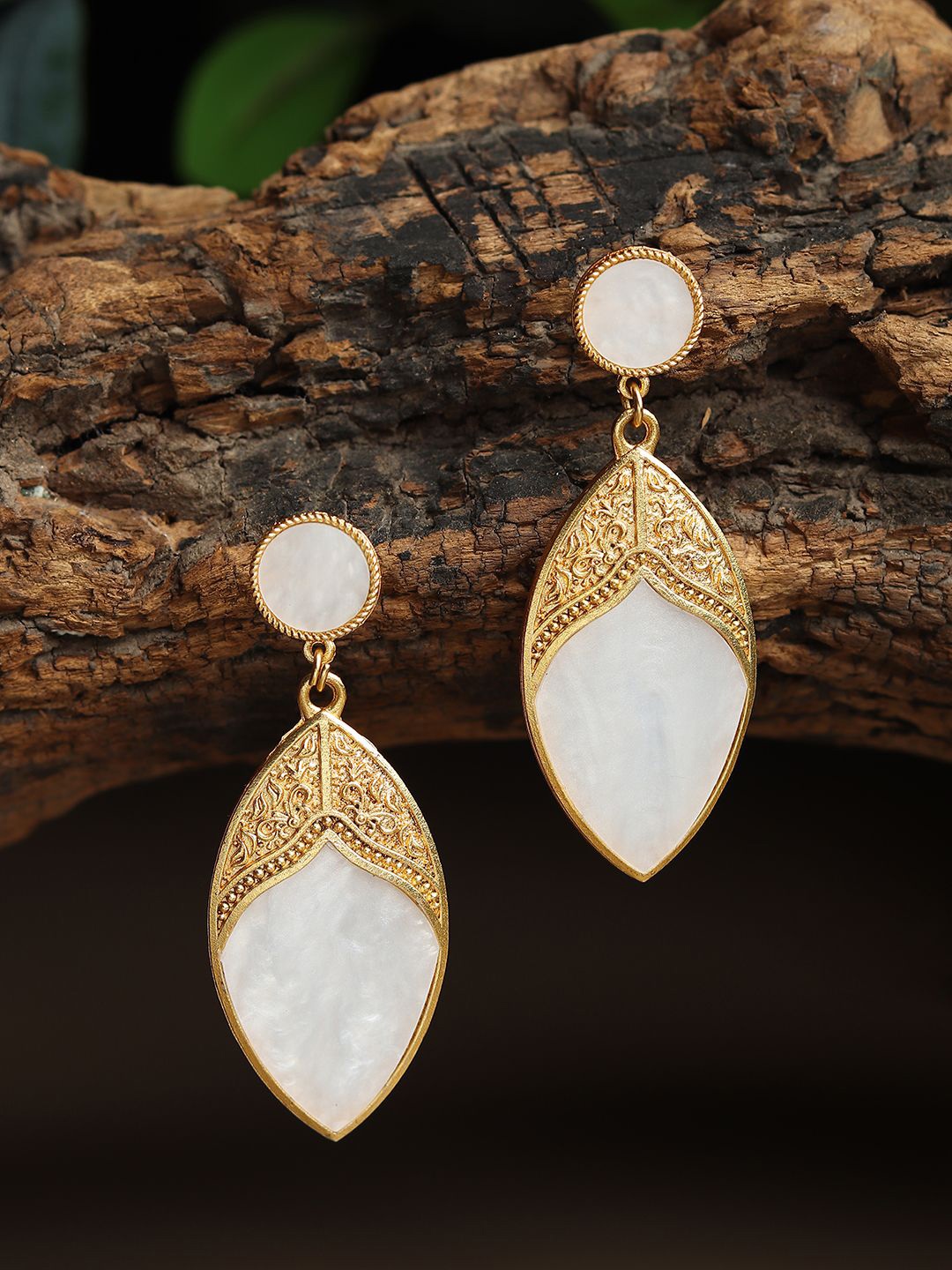 

RHOSYN Silver-Plated Artificial Stones Studded Teardrop Shaped Drop Earrings, Gold