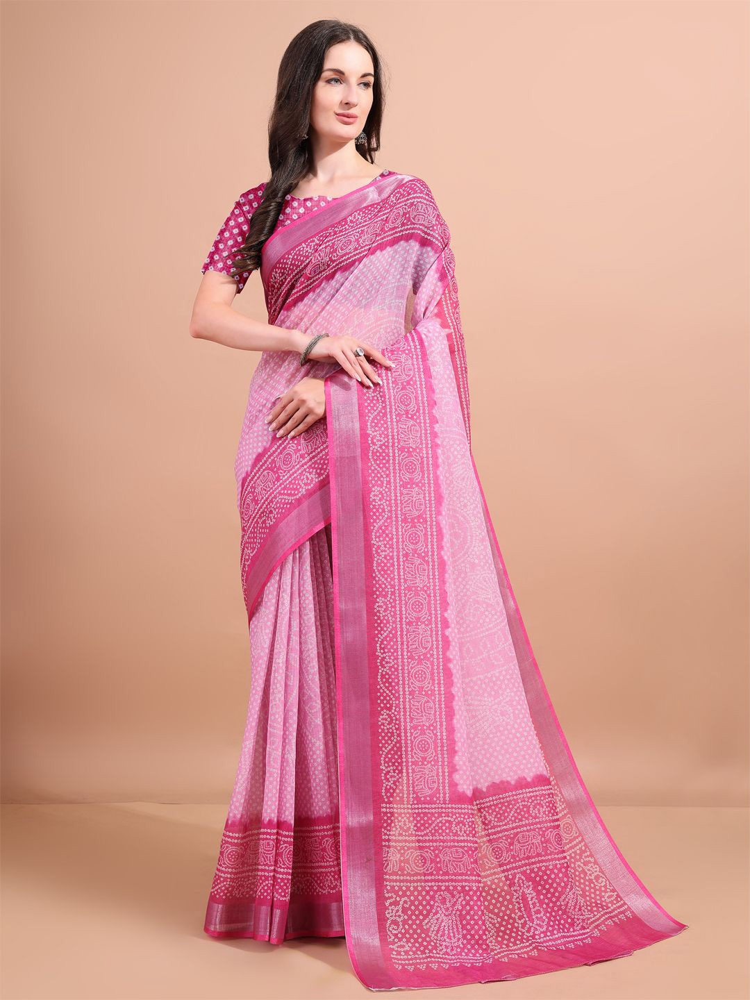 

BAPS Printed Pure Linen Bandhani Saree, Pink