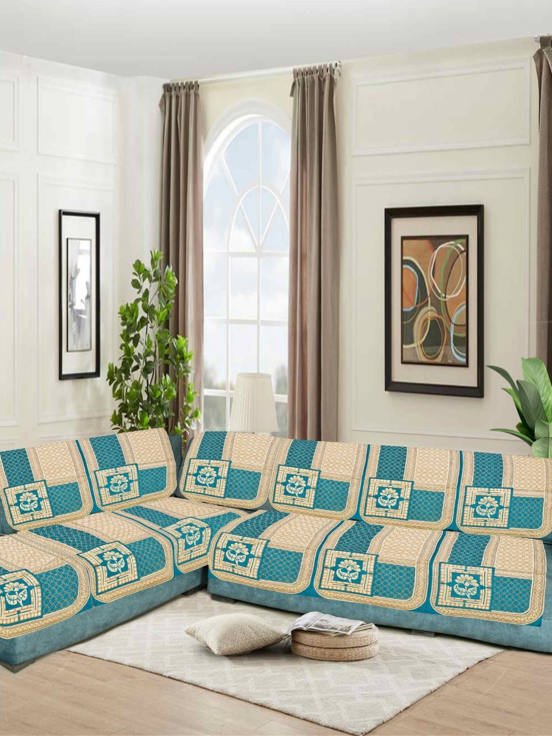 

SAWNA HOMES Blue & White 6 Pieces Printed Velvet 6 Seater Sofa Covers