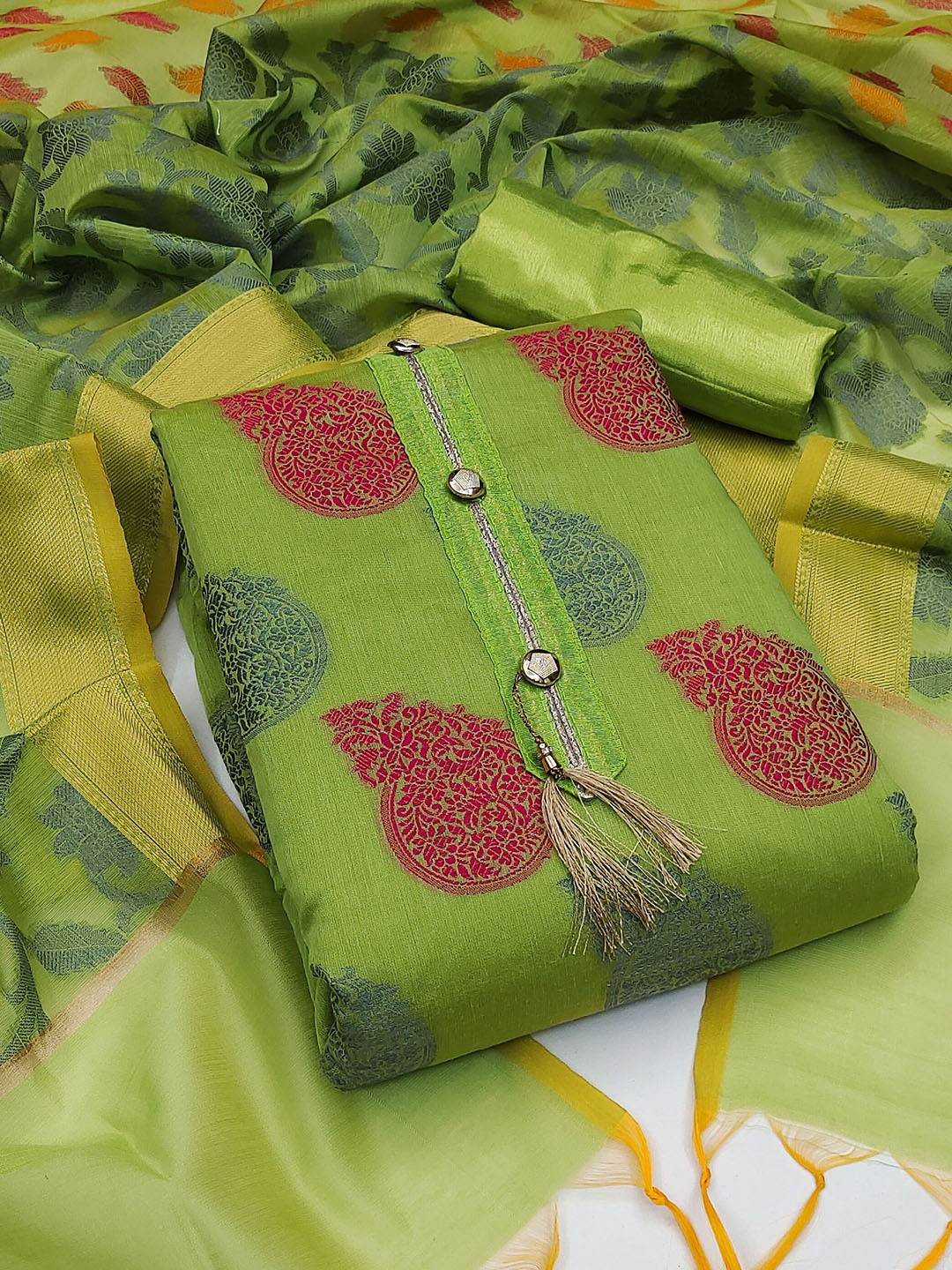 

HERE&NOW Woven Design Banarasi Jacquard Unstitched Dress Material, Green