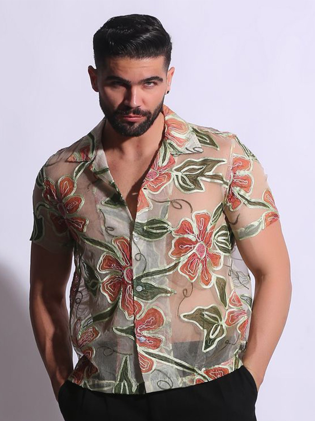 

THE MITESH Unisex Floral Sheer Printed Casual Shirt, Green