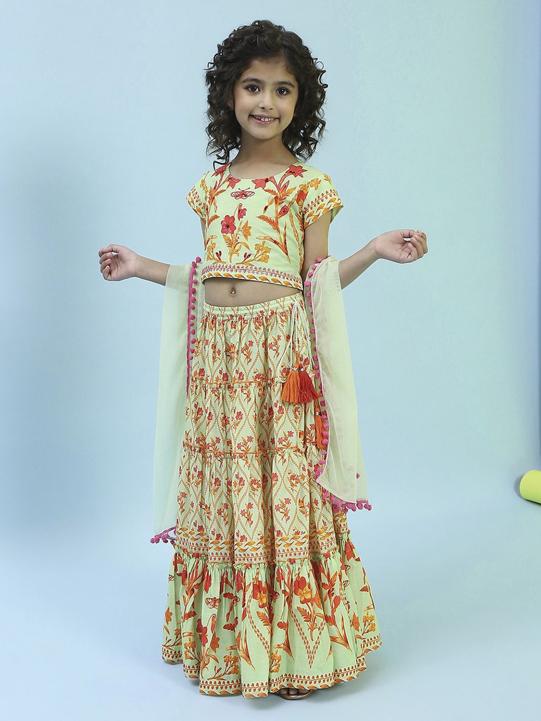 

Biba Girls Printed Ready to Wear Lehenga & Blouse With Dupatta, Lime green